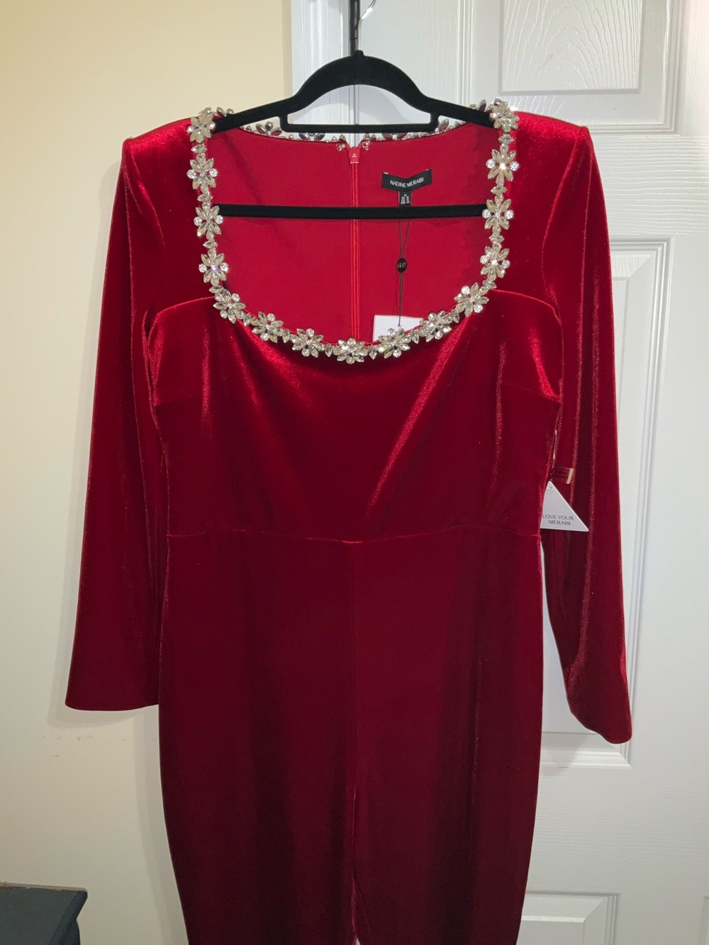 NADINE MERABI Red Velvet Jewel-Trim Long Sleeves Jumpsuit
